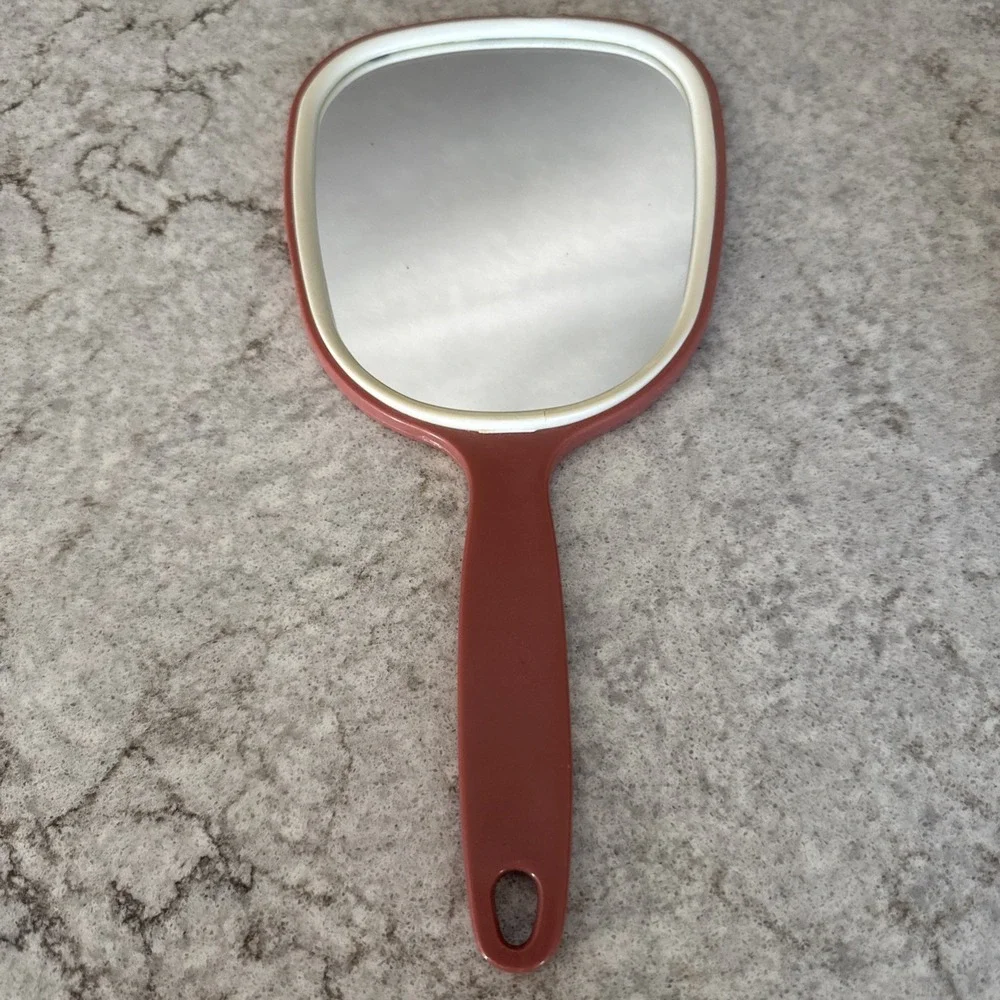 Vintage Hand Held Mirror Mauve Pink Textured Plastic 11 Inch